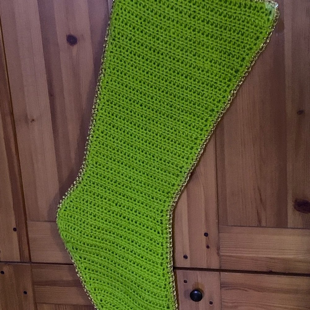 Green crocheted Holiday Stocking with Gold Trim